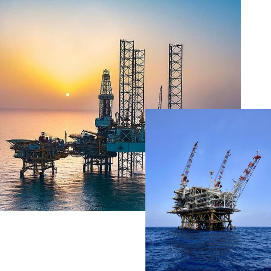 Offshore platform at dramatic sunset